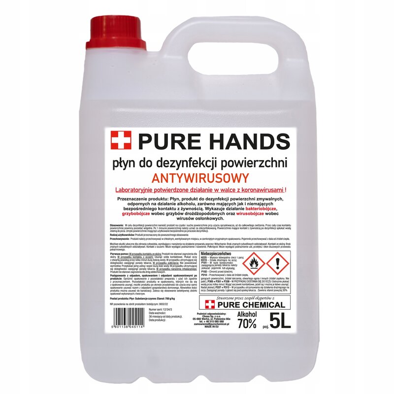 PŁYN DO DEZYNFEKCJI POWIERZCHNI PURE HANDS 70% 5l