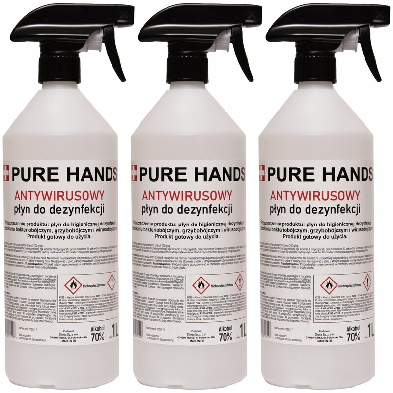 PŁYN DO DEZYNFEKCJI POWIERZCHNI PURE HANDS 70% 3x 1l 3L