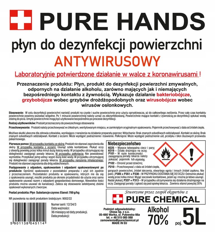 PŁYN DO DEZYNFEKCJI POWIERZCHNI PURE HANDS 70% 5l - obrazek 2