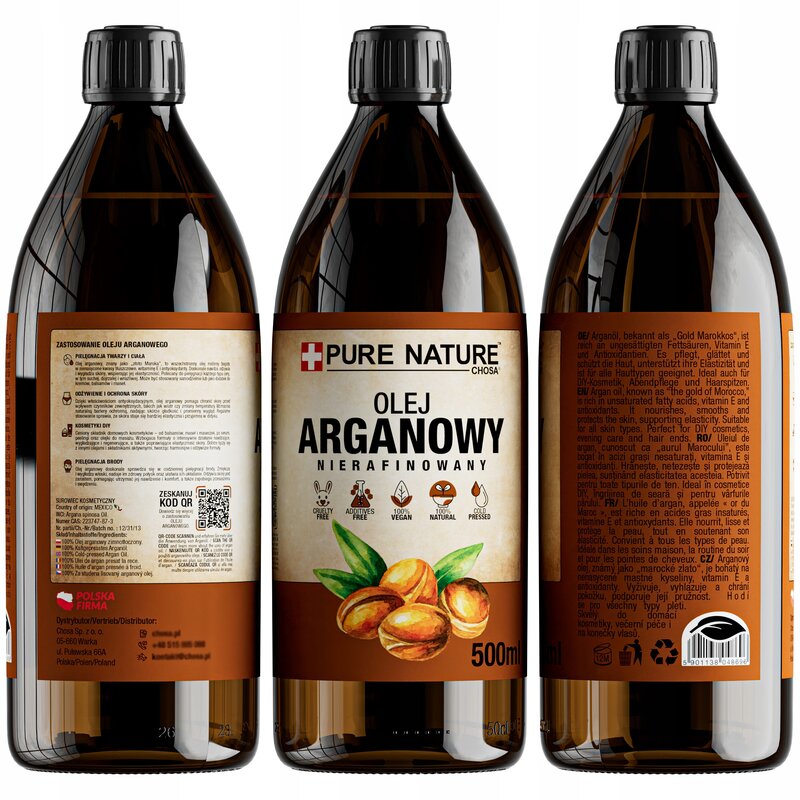 OLEJ ARGANOWY DO WŁOSÓW I CIAŁA MAROKO NIERAFINOWANY ZIMNOTŁOCZONY 500ml - obrazek 2