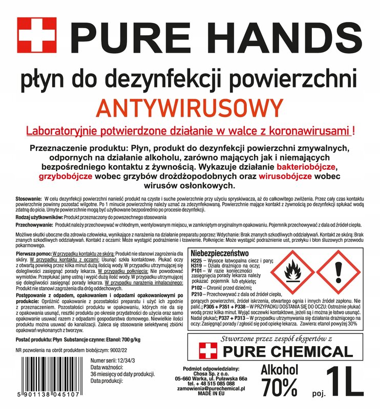 PŁYN DO DEZYNFEKCJI POWIERZCHNI PURE HANDS 70% 1l - obrazek 2