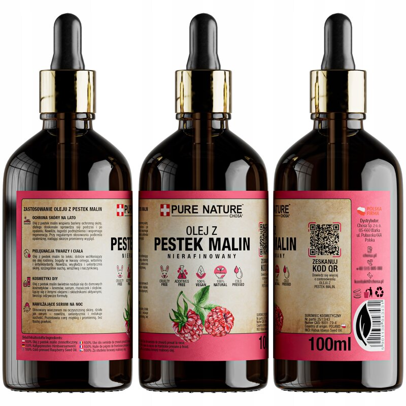 OLEJ Z PESTEK MALIN NIERAFINOWANY NATURALNY ZIMNO TŁOCZONY 100ml - obrazek 2